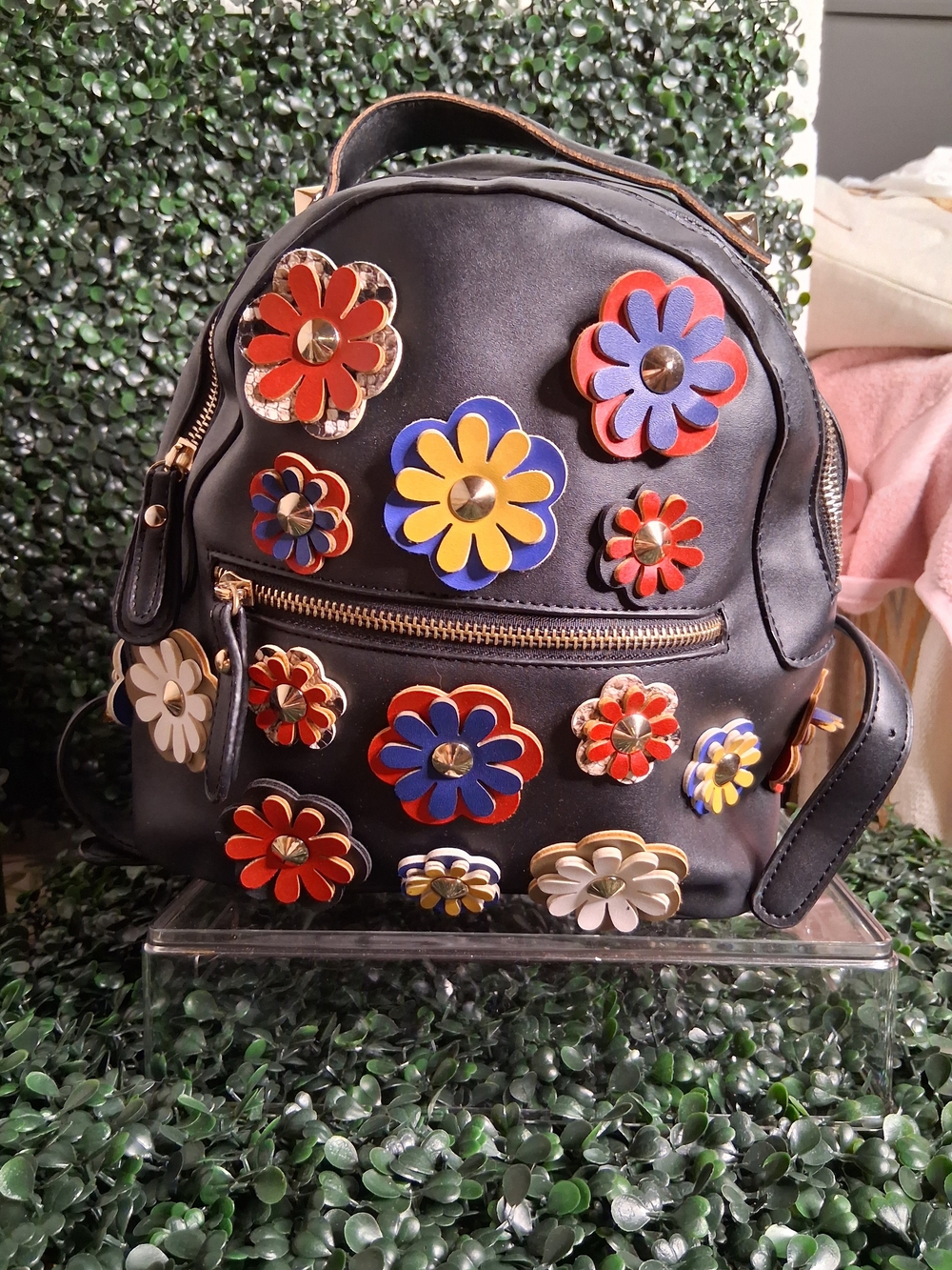 Black Floral Appliqué Mini Backpack